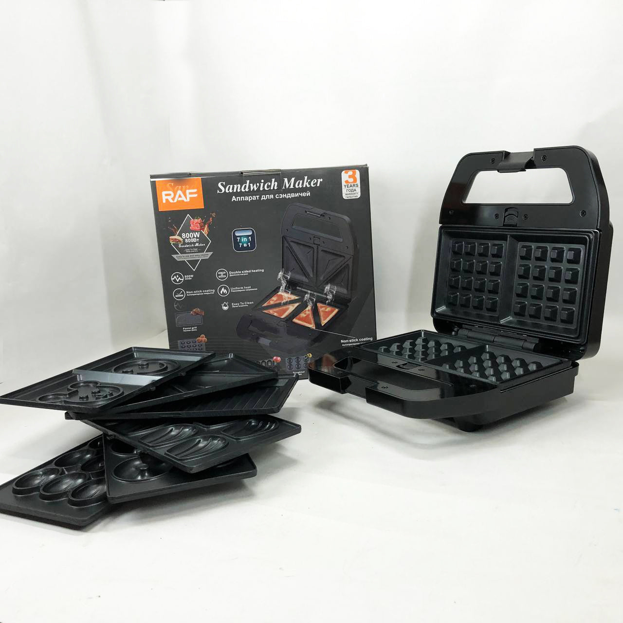 Мультимейкер RAF R.552 – 7 в 1: вафельница, гриль, сэндвичница, пончики, орешки, кексы, печенье, 800 Вт
