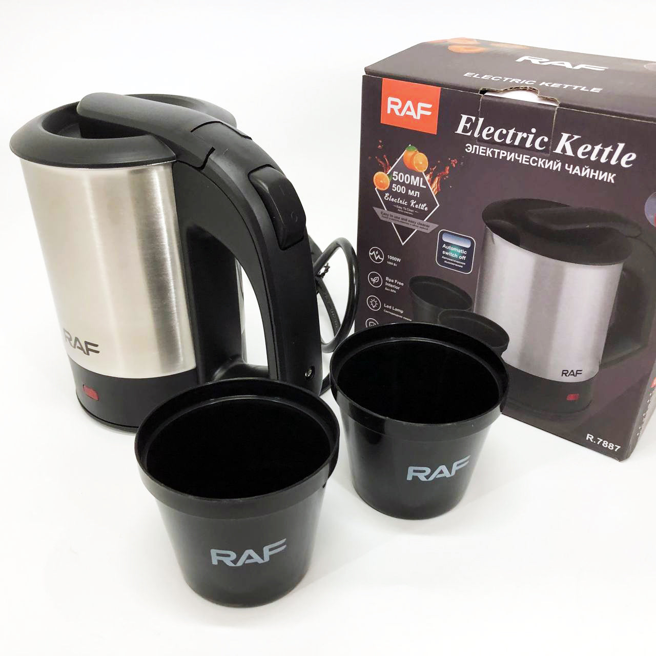 Электрочайник от 220В компактный RAF R-7887 с двумя чашками в комплекте 1000 Вт