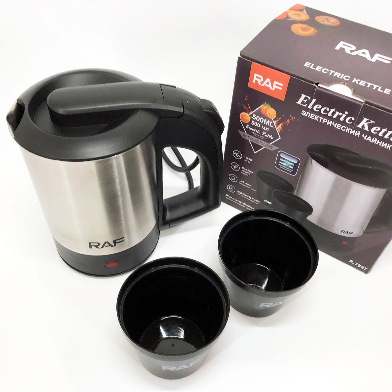 Электрочайник от 220В компактный RAF R-7887 с двумя чашками в комплекте 1000 Вт