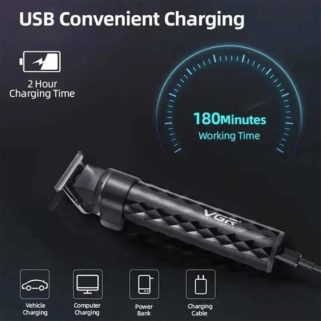 Машинка для стрижки с триммером VGR V-170 для волос, усов и бороды, беспроводная со сменными насадками