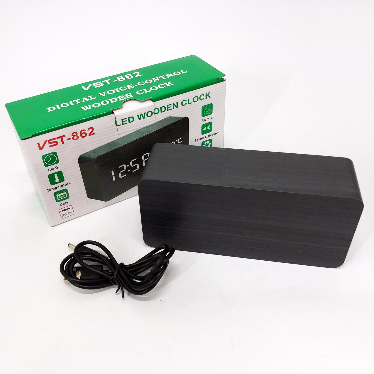 Часы VST-862 черное дерево красная подсветка, Цифровые настольные часы квадратные