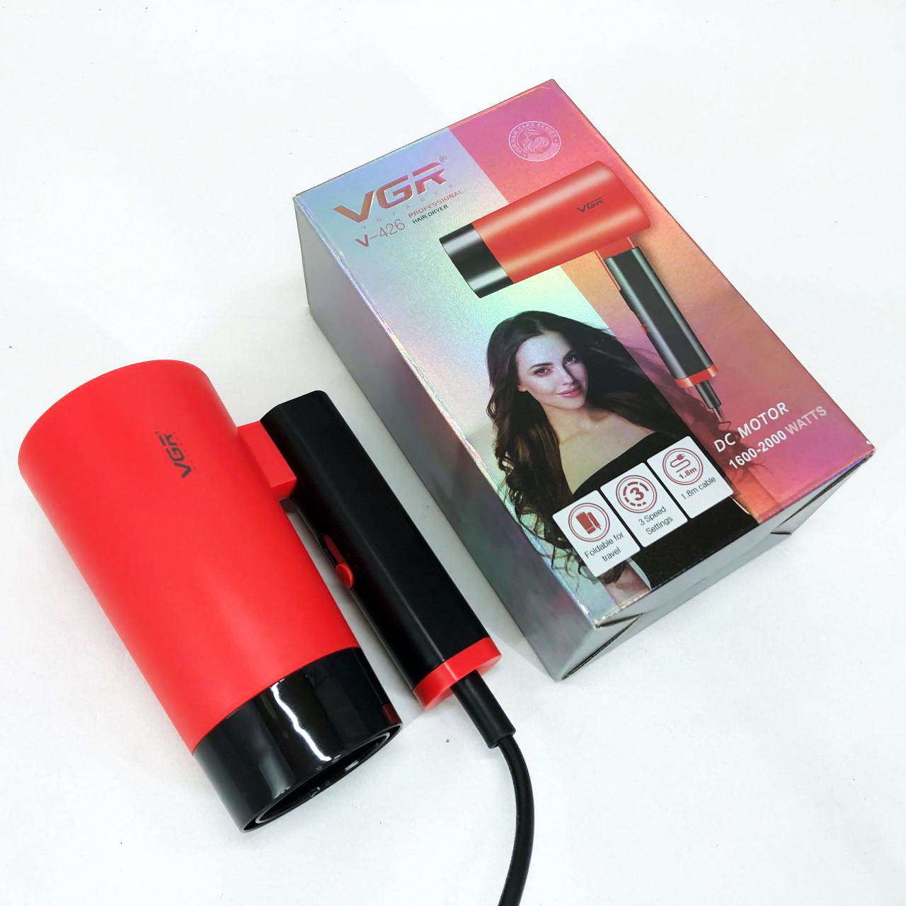 Фен со складной ручкой для волос VGR V-426 2000Вт, Стильный фен для укладки волос. Цвет: красный
