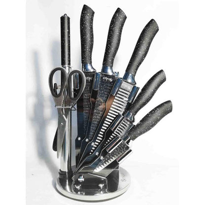Набор ножей UNIQUE UN-1831, 9 предметов, с подставкой, нержавеющая сталь, с овощечисткой, черный