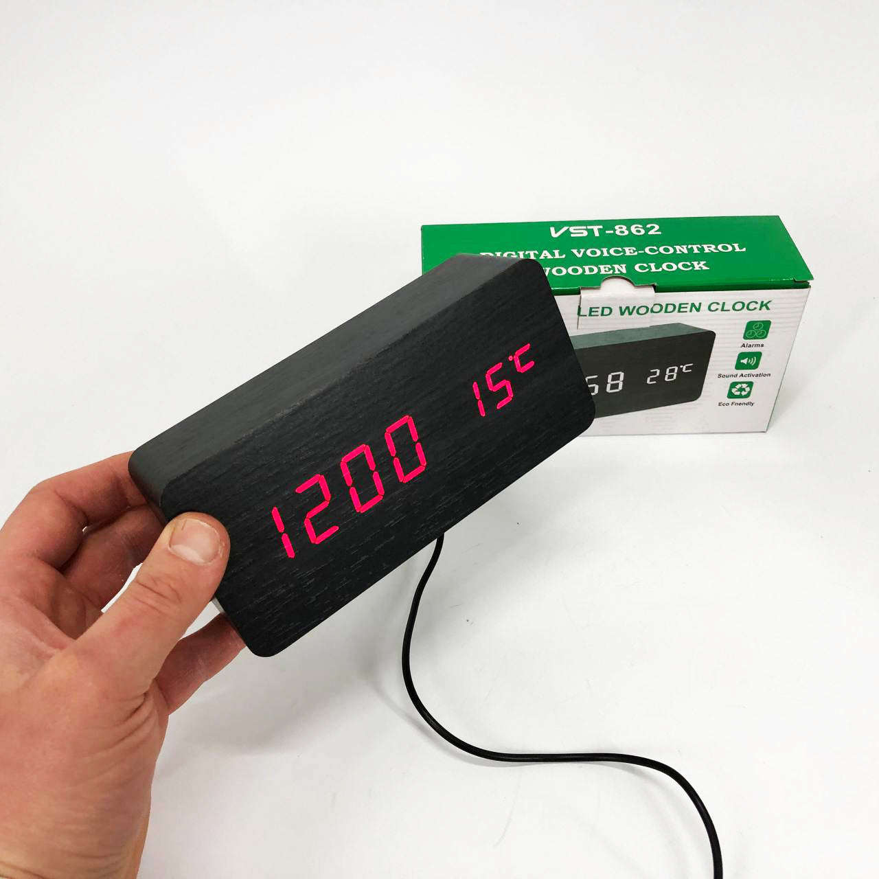 Часы VST-862 черное дерево красная подсветка, Цифровые настольные часы квадратные