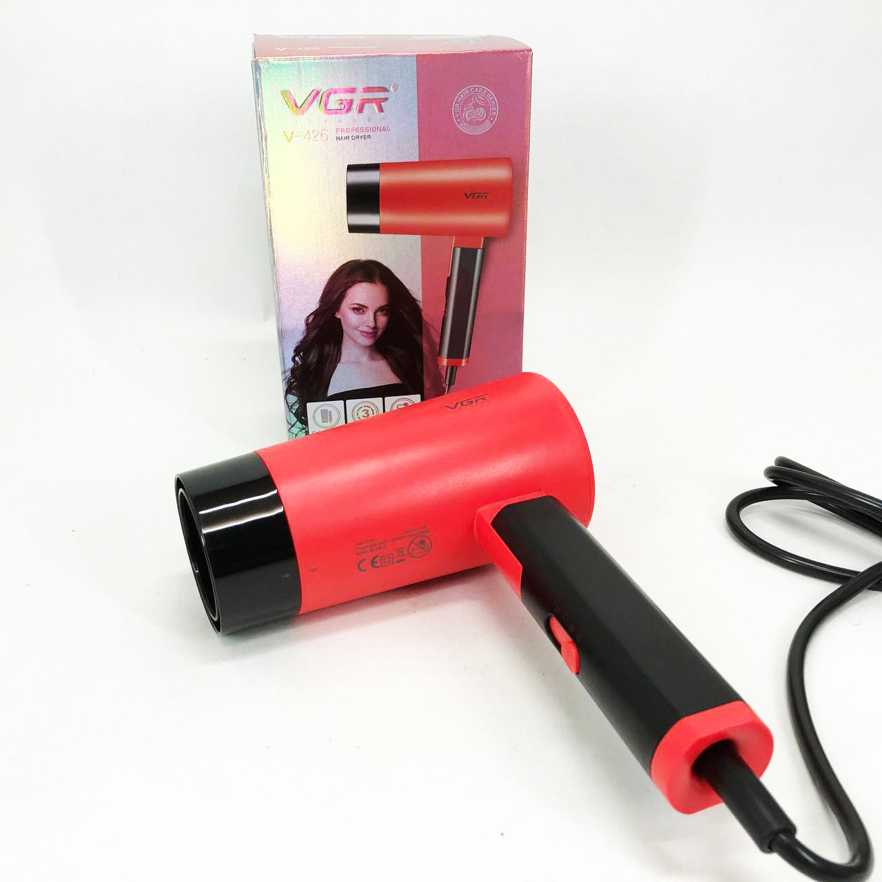 Фен со складной ручкой для волос VGR V-426 2000Вт, Стильный фен для укладки волос. Цвет: красный