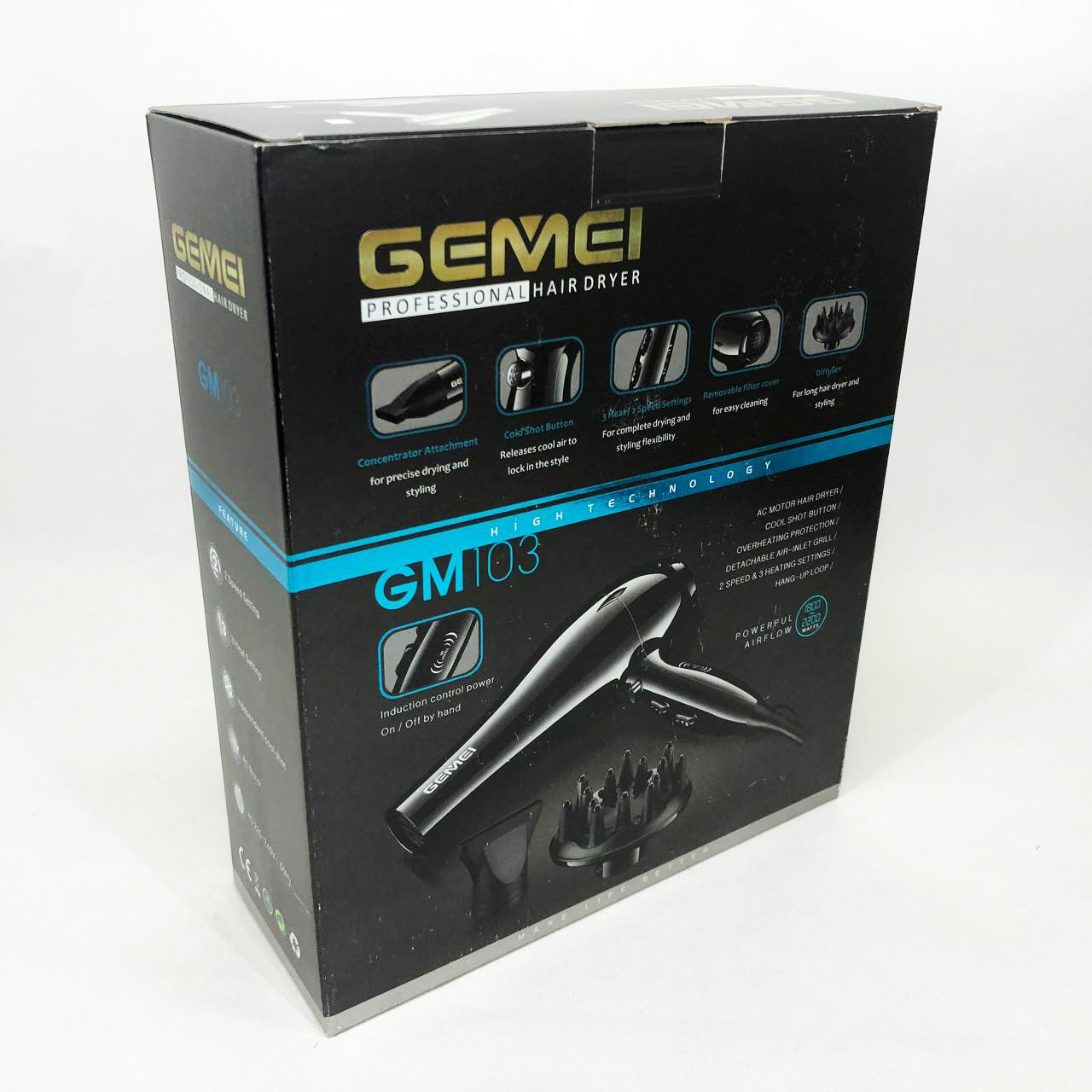 Професійний фен Gemei GM-103 2200Вт для сушіння укладання волосся режими швидкості, температури, сенсор