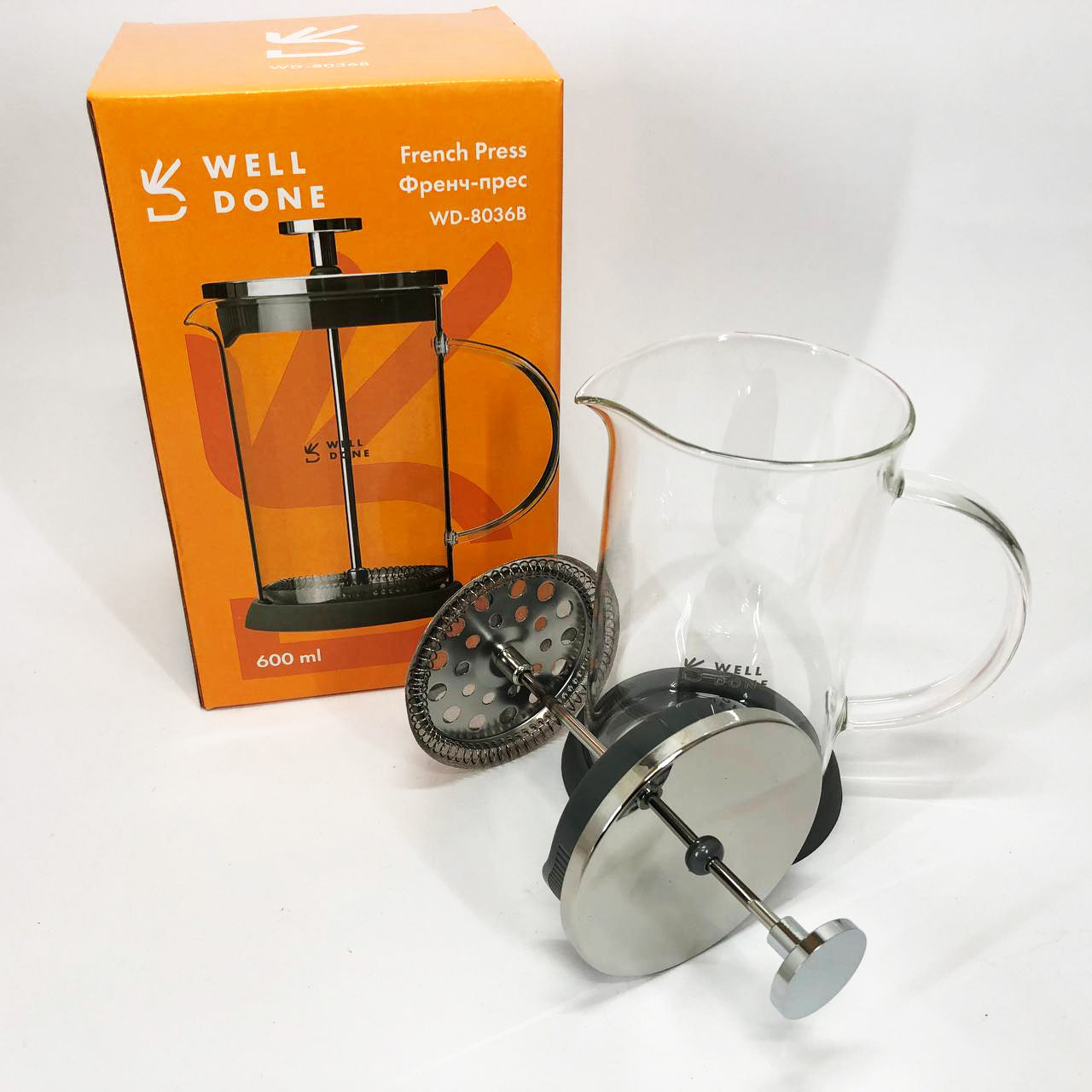 Френч-пресс Well Done WD-8036B из термостойкого стекла 600 мл, Чайник для заваривания трав прозрачный