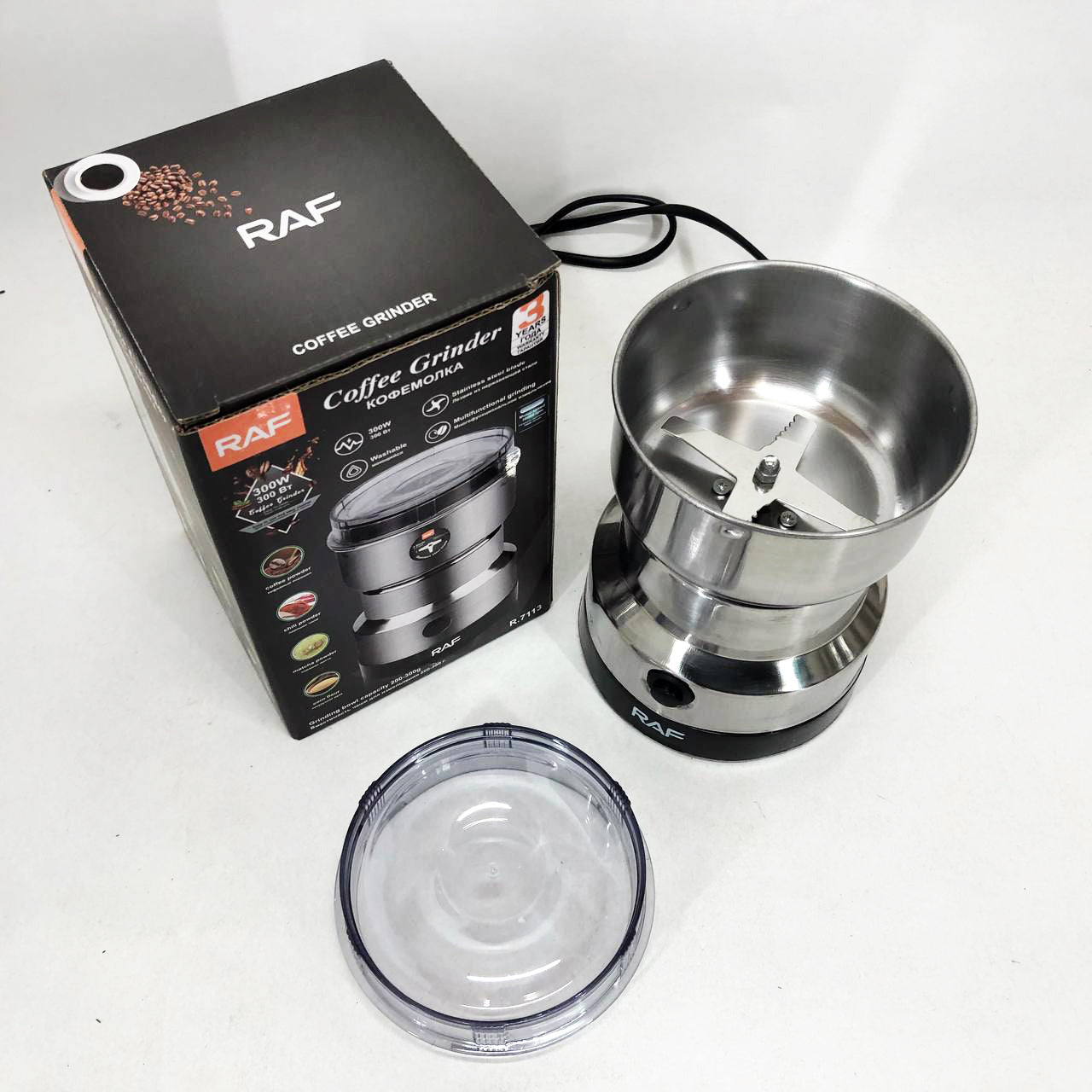 Кофемолка RAF R-7113 мощная роторная, измельчитель электрический, из нержавеющей стали 150 Вт