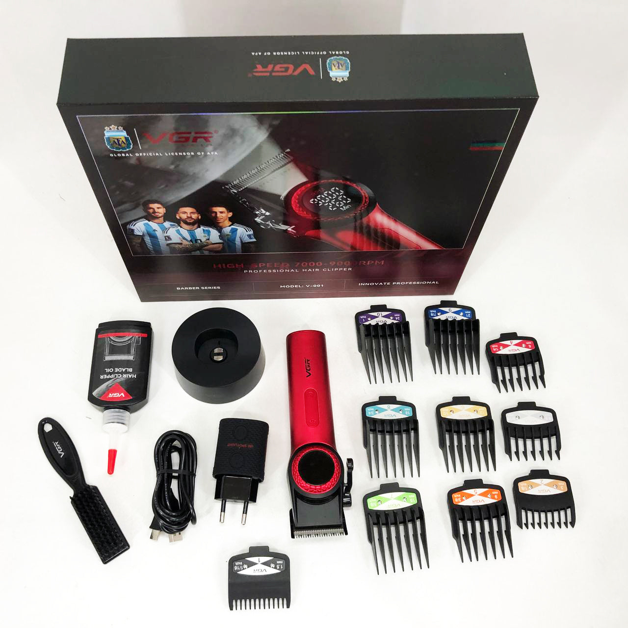 Професійна машинка для стрижки волосся VGR V-001 RED з дисплеєм 9000 об та 10 насадками (1,5-24 мм)