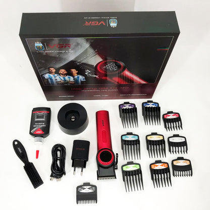 Професійна машинка для стрижки волосся VGR V-001 RED з дисплеєм 9000 об та 10 насадками (1,5-24 мм)