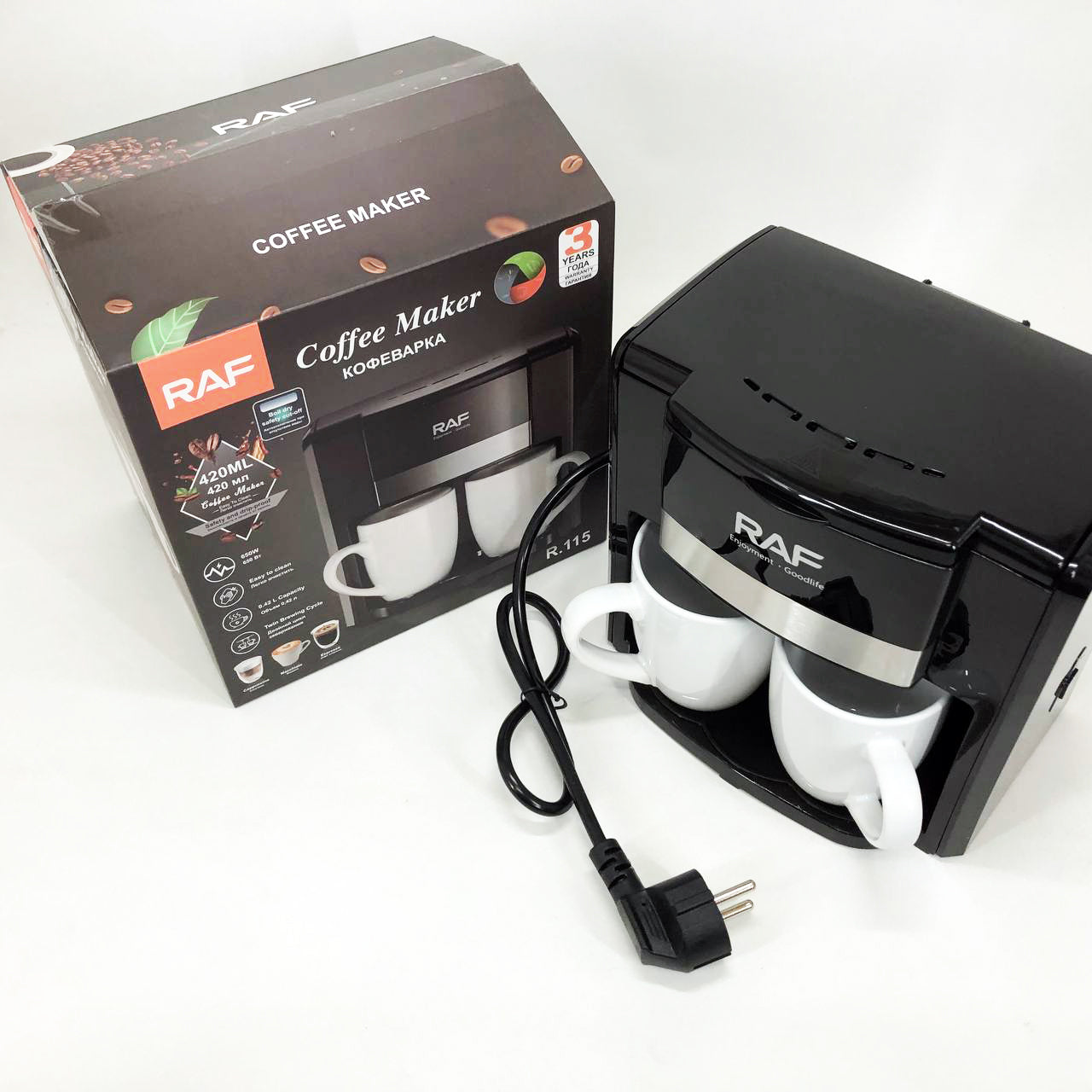 Кофеварка 2 чашки полуавтоматическая RAF R.115 650 Вт,  Капельная кофеварка электрическая для кухни