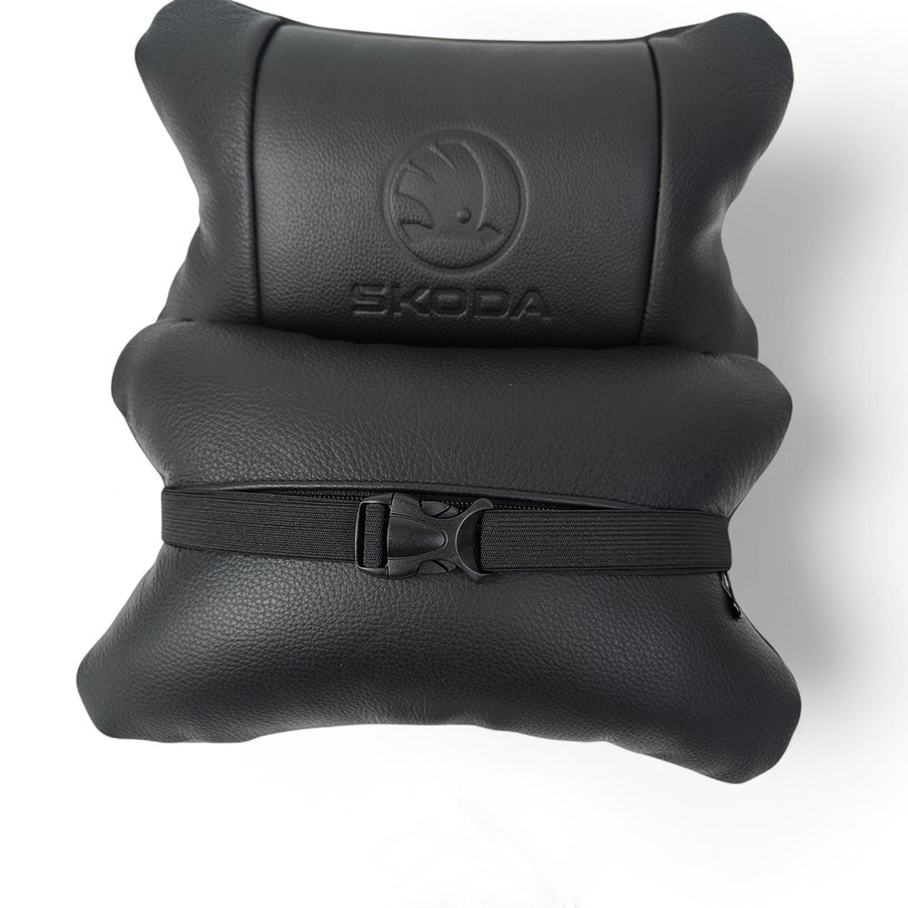 Набор авто подушек Skoda из натуральной кожи + брелок, Автоподушка на подголовник