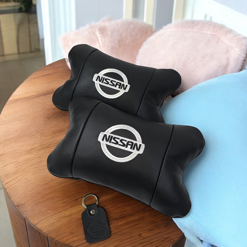 Подушки в авто 2 шт Nissan, натуральная кожа, с логотипом Ниссан, на подголовник для вашей машины