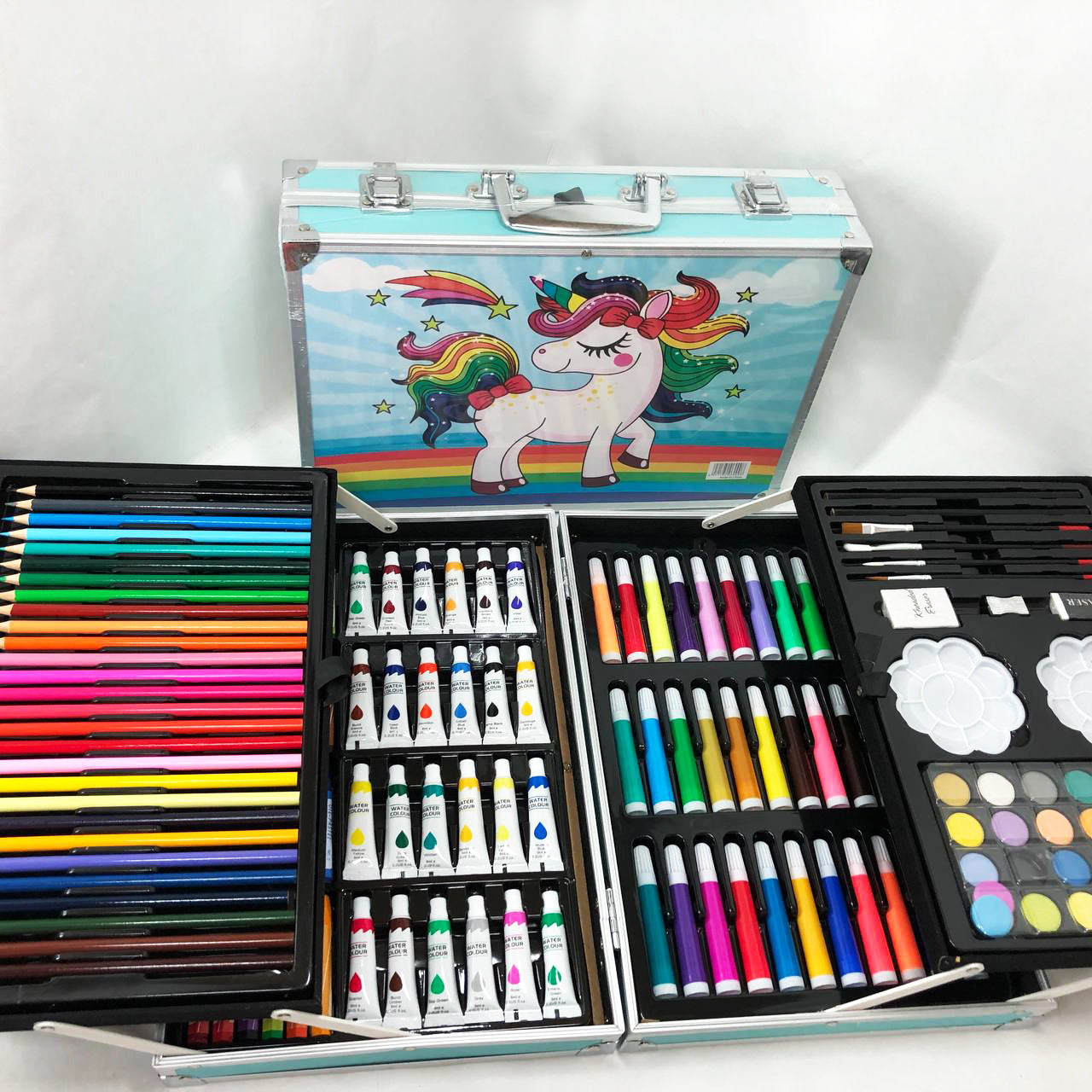 Набор для творчества в алюминиевом чемодане Единорог 145 предметов, чемодан для рисования детский кейс. Цвет: голубой