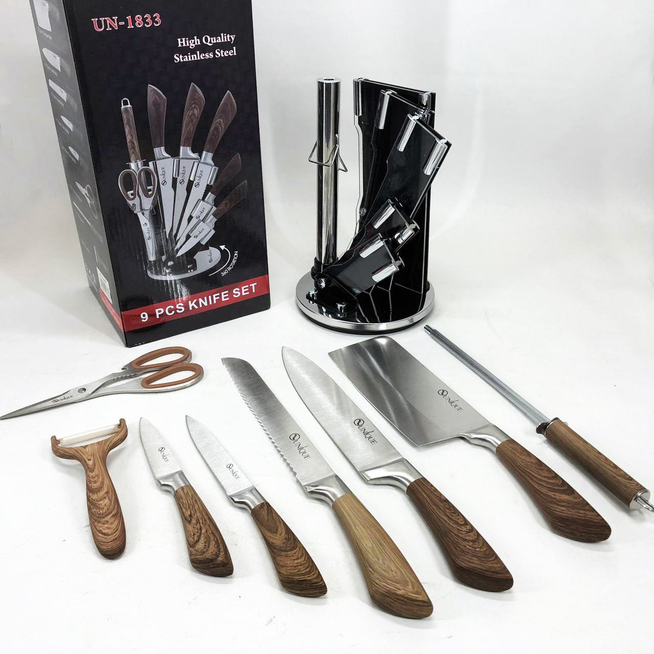 Набор кухонных ножей UNIQUE UN-1833 с деревянными ручками и подставкой