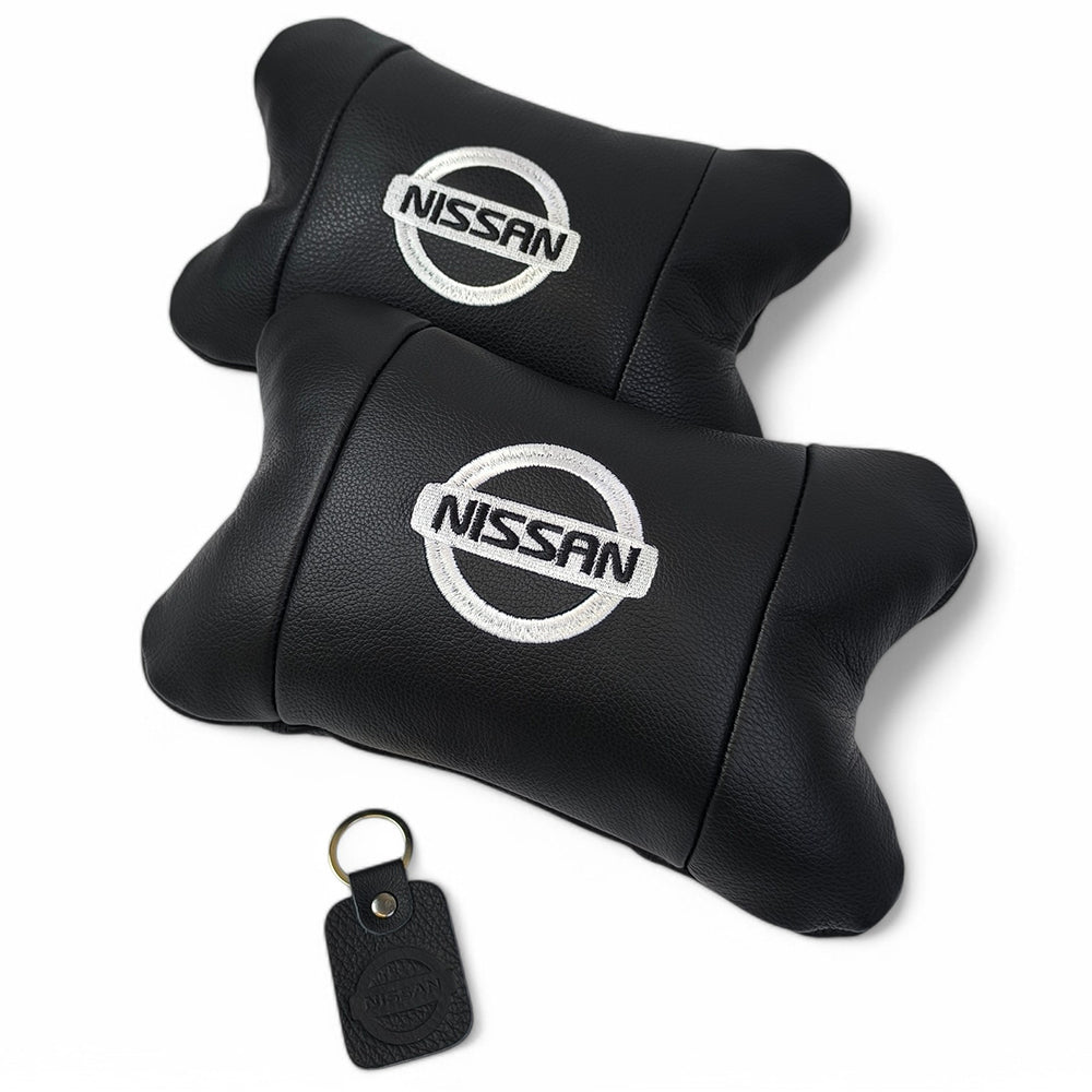 Подушки в авто 2 шт Nissan, натуральная кожа, с логотипом Ниссан, на подголовник для вашей машины