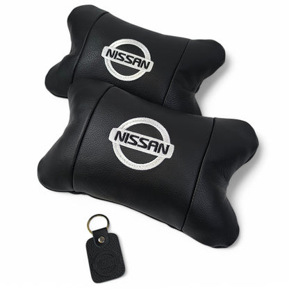 Подушки в авто 2 шт Nissan, натуральная кожа, с логотипом Ниссан, на подголовник для вашей машины