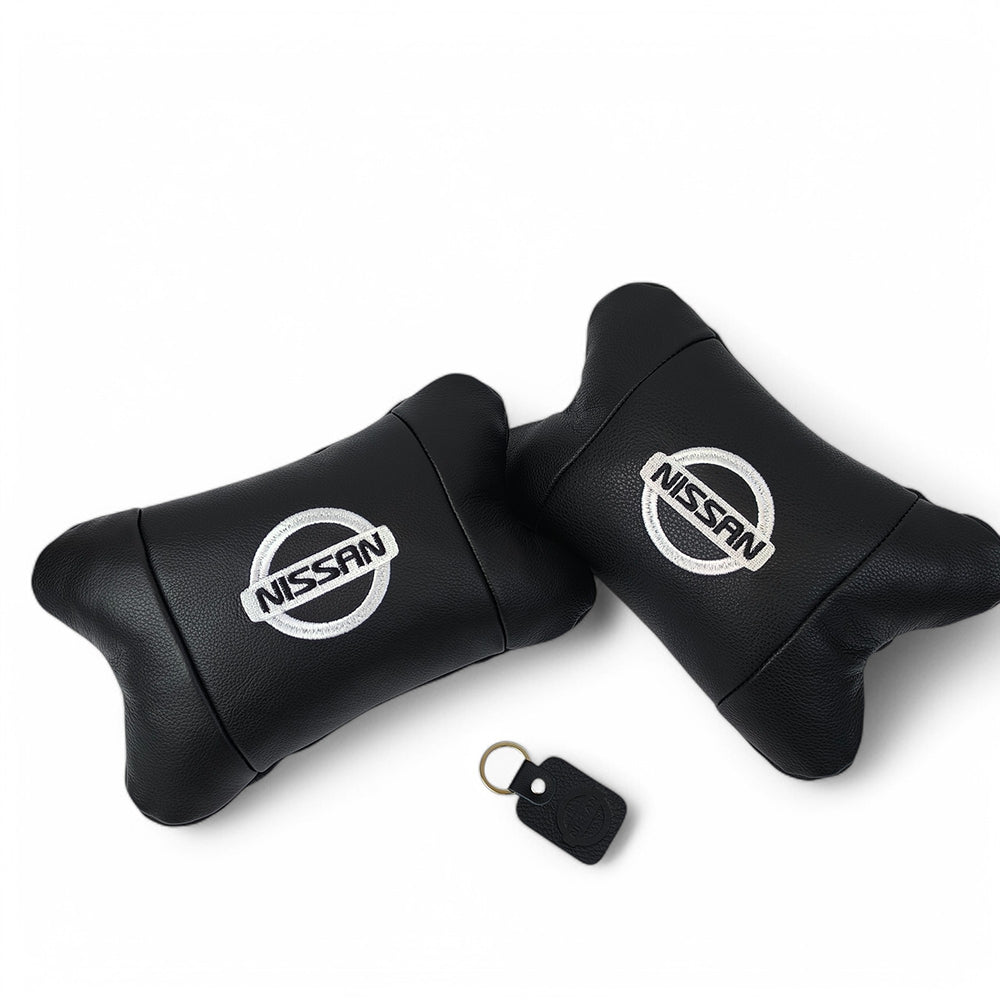 Подушки в авто 2 шт Nissan, натуральная кожа, с логотипом Ниссан, на подголовник для вашей машины