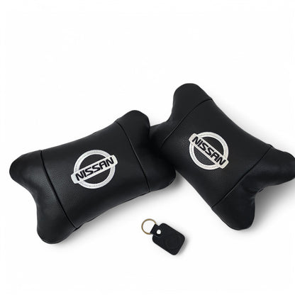Подушки в авто 2 шт Nissan, натуральная кожа, с логотипом Ниссан, на подголовник для вашей машины