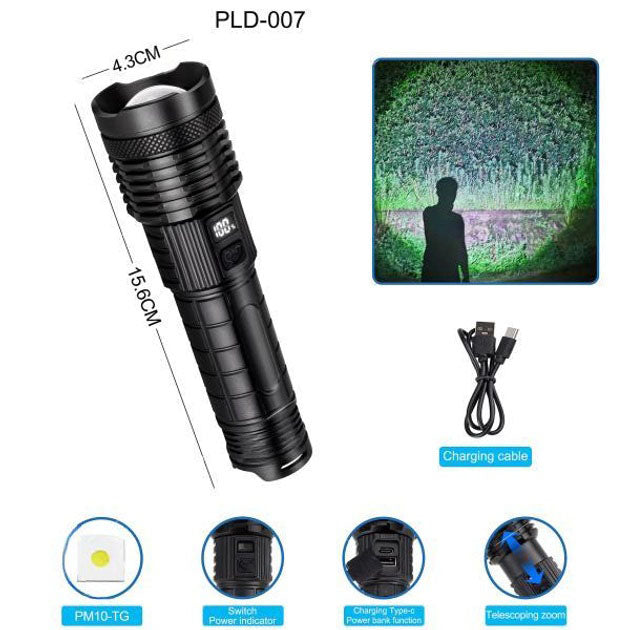 Фонарик PLD-H007 White Laser LED PM10-TG с встроенным аккумулятором PowerBank, Фонарик тактический ручной
