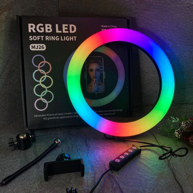 Кольцевая светодиодная лампа RGB LED RING MJ26 26 см с держателем телефона, кольцевая лампа большая