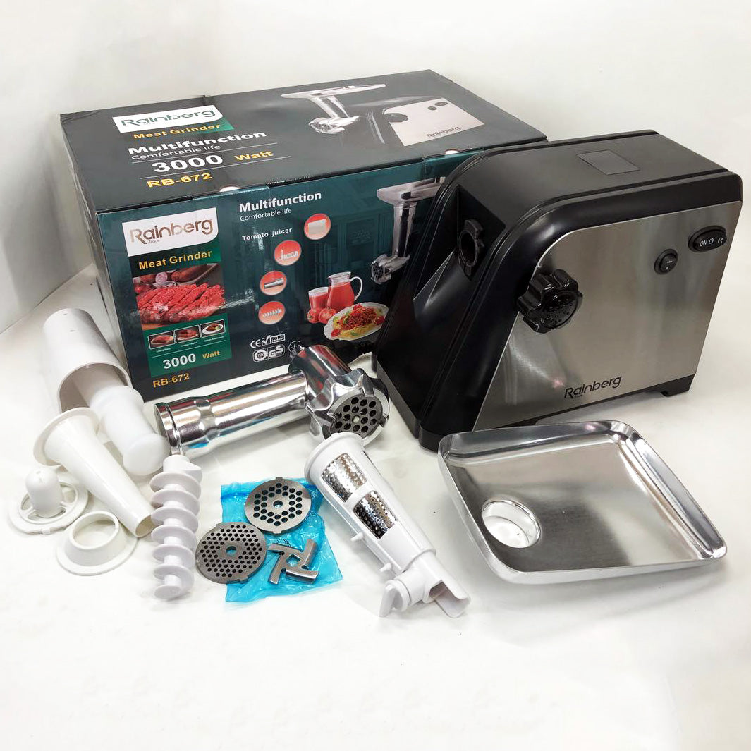Мясорубка Rainberg RB-672 3000W электрическая с реверсом и соковыжималкой, мясорубка электрическая металл