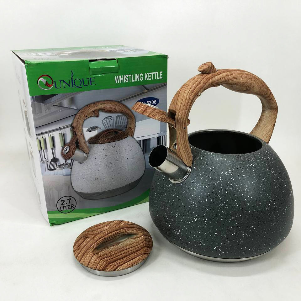 Чайник Unique со свистком UN-5306 2,7л мрамор, для газовых плит, чайник нержавейка. Цвет: темно-серый