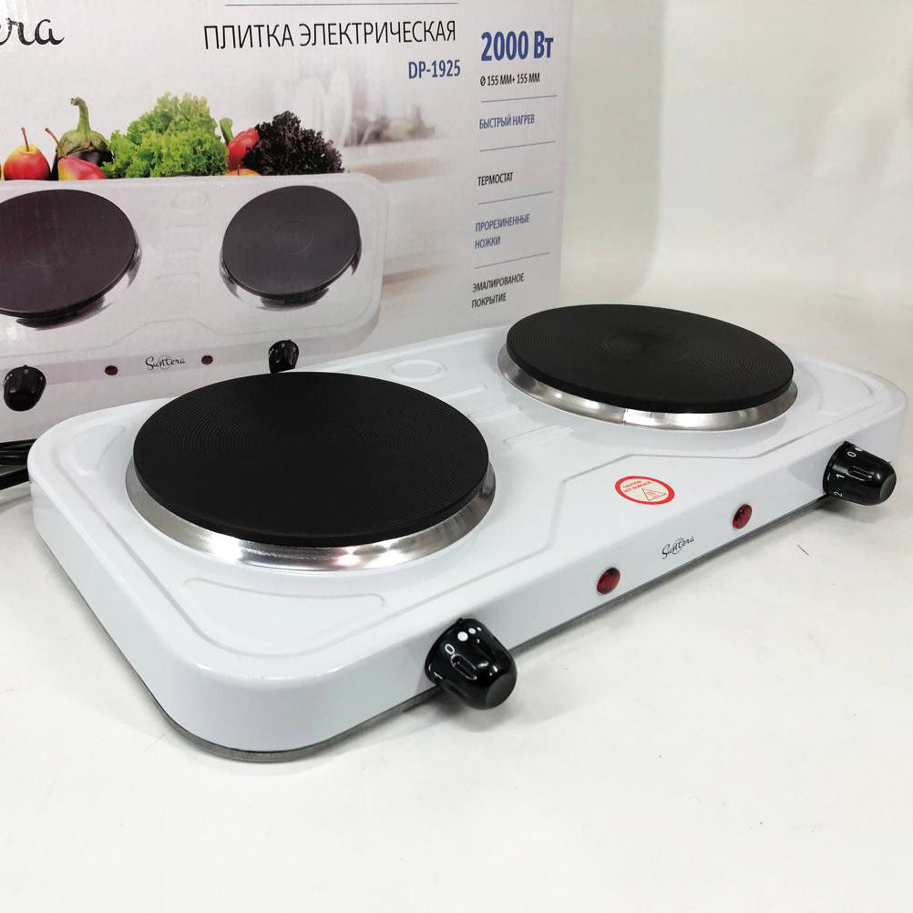 Плита электрическая Suntera DP-1925 2000 Вт, электроплита двухконфорочная настольная. Цвет: белый