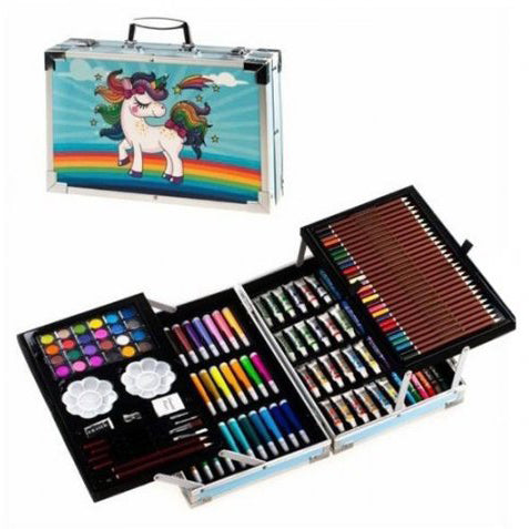 Набор для творчества в алюминиевом чемодане Единорог 145 предметов, чемодан для рисования детский кейс. Цвет: голубой