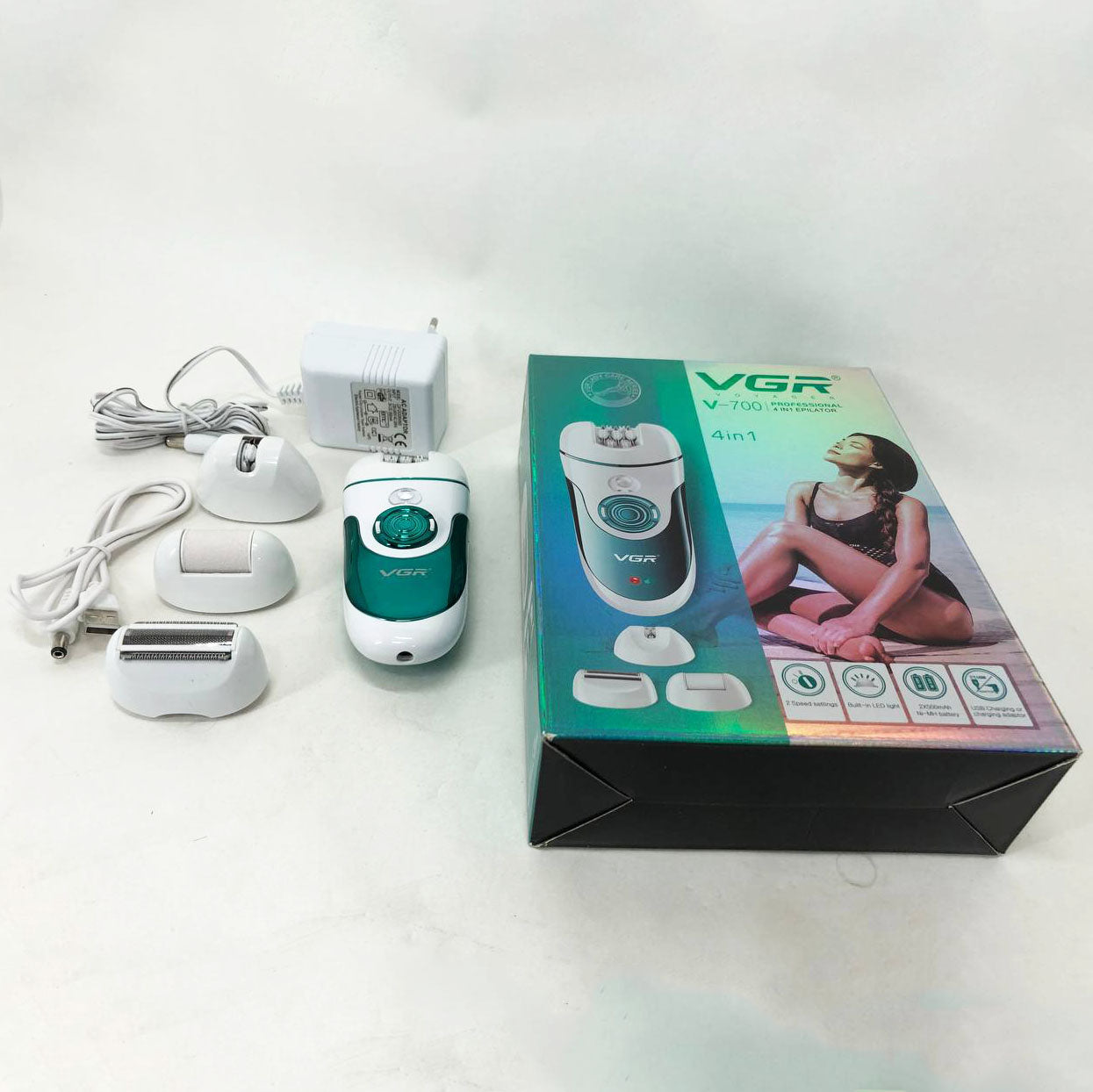 Эпилятор VGR V-700 Женский беспроводной с подсветкой для ног и зоны бикини, пемза, электробритва для ног