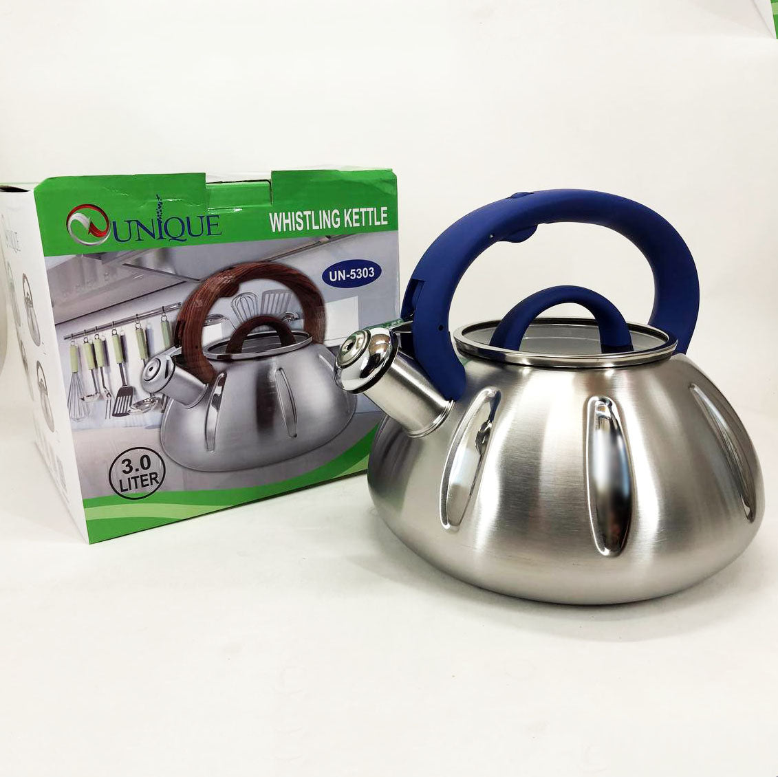 Чайник со свистком Unique UN-5303 кухонный на 3 литра, чайник для газовой плитки. Цвет: синий