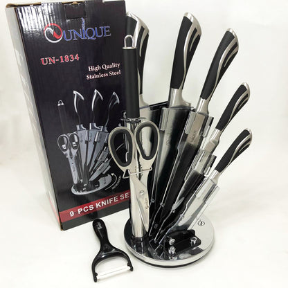 Набор ножей UNIQUE UN-1834 с вращающейся подставкой 9 предметов, Ножи кухонные из нержавеющей стали