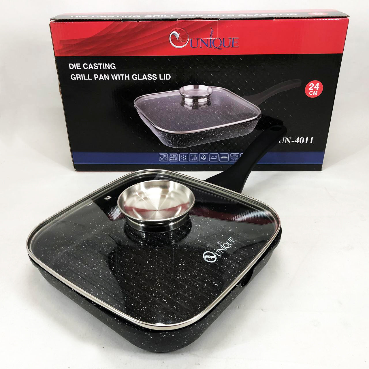 Сковорода-гриль Unique UN-4011 с крышкой 24 см, Сковорода для приготовления на плите с толстым дном