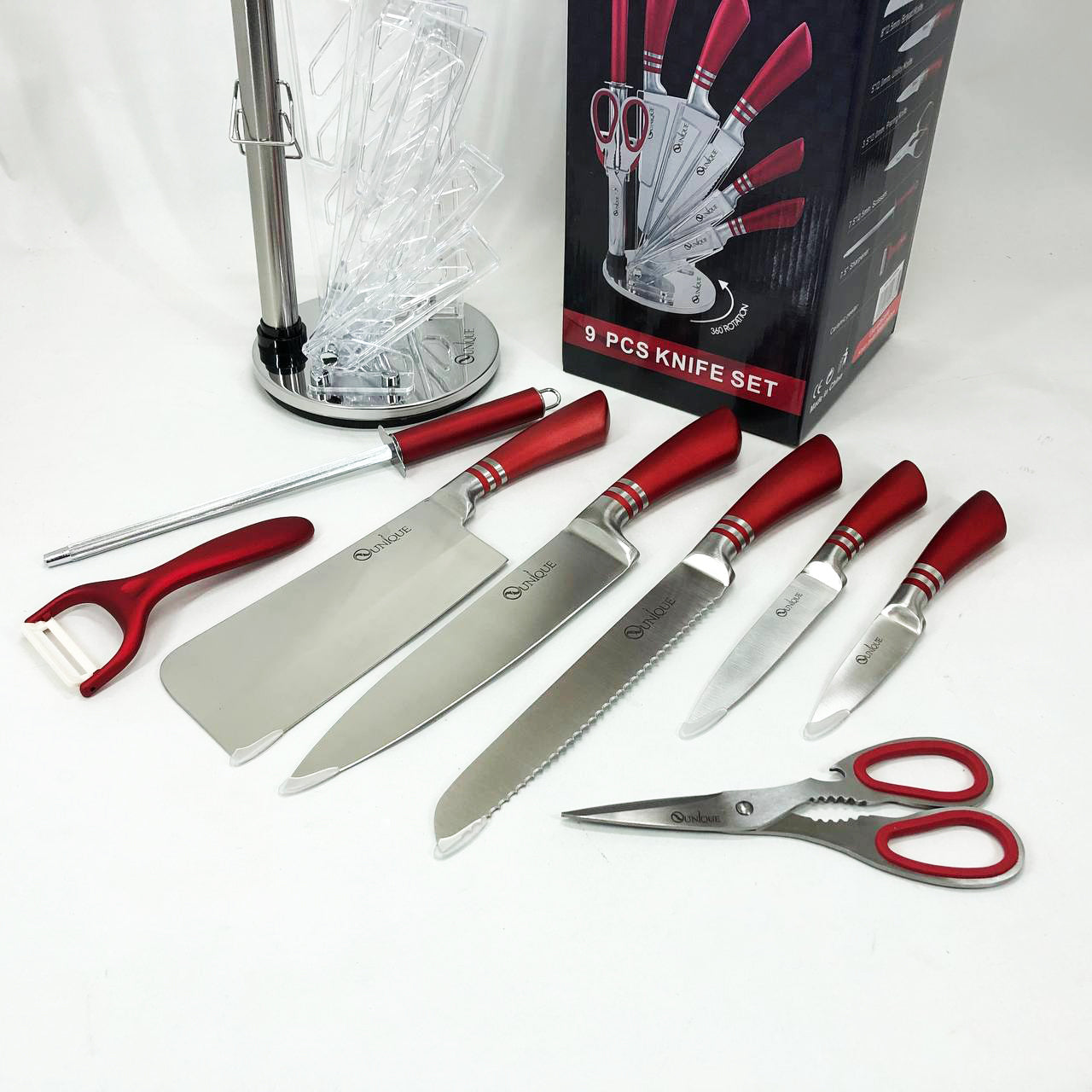 Набор ножей UNIQUE UN-1832 с подставкой 9 предметов овощечистка точилка ножницы Нержавеющая сталь