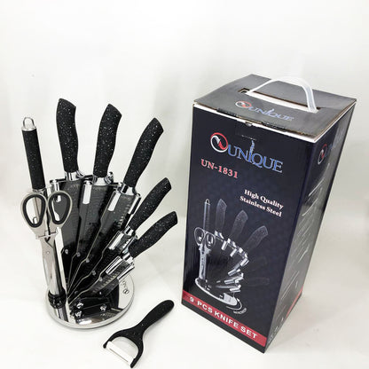 Набор ножей UNIQUE UN-1831, 9 предметов, с подставкой, нержавеющая сталь, с овощечисткой, черный