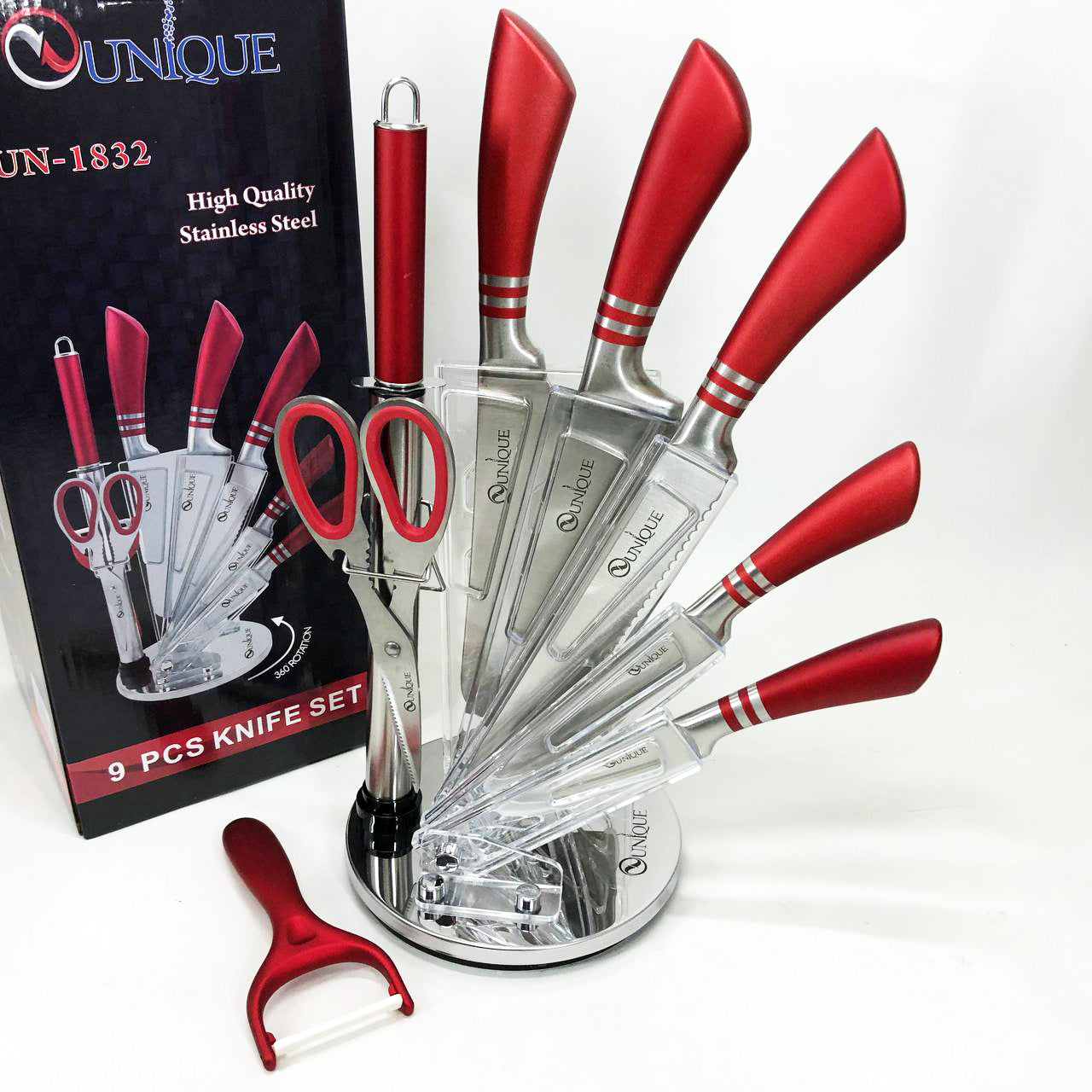 Набор ножей UNIQUE UN-1832 с подставкой 9 предметов овощечистка точилка ножницы Нержавеющая сталь