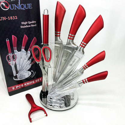 Набор ножей UNIQUE UN-1832 с подставкой 9 предметов овощечистка точилка ножницы Нержавеющая сталь