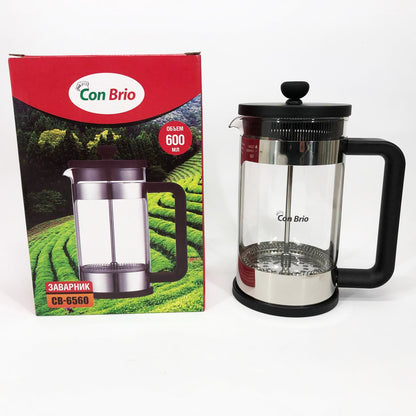 Френч-пресс Заварник для чая и кофе Con Brio CB-6560 600 мл, Чайник заварочный стеклянный качественный