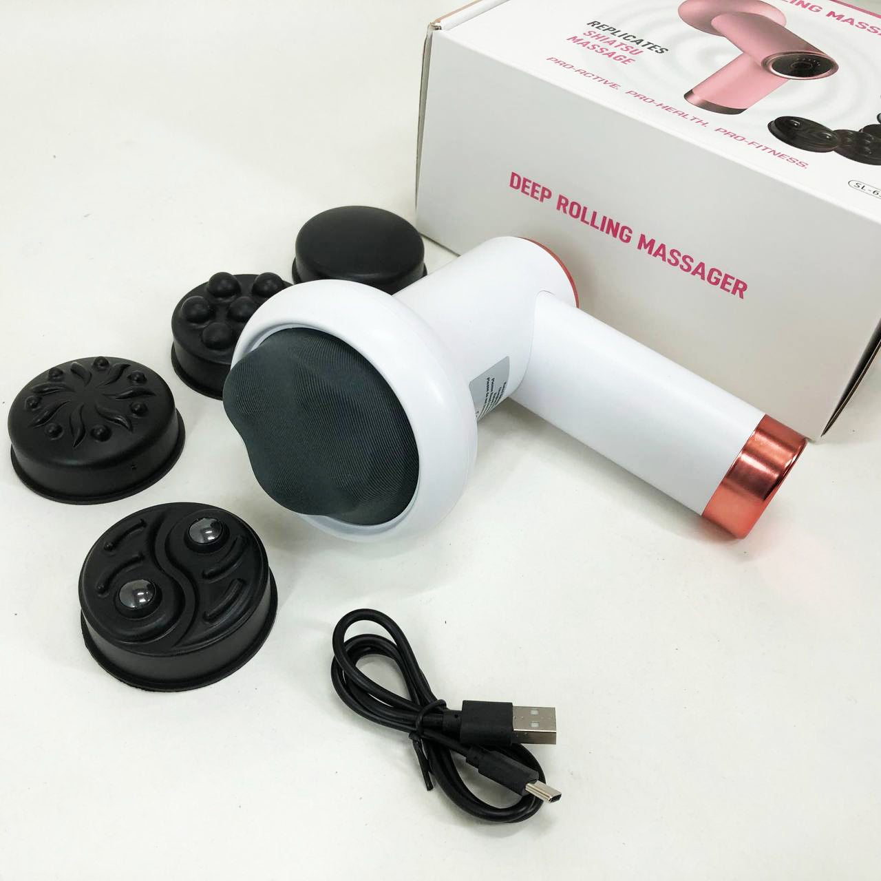 Массажер антицеллюлитный для тела рук и ног 4 насадки 6 скоростей Deep Rolling Massager. Цвет: белый