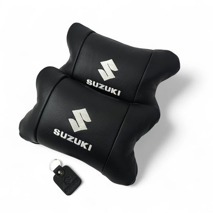 Набор кожаных подушек Suzuki с вышивкой логотипа + брелок в подарок для авто