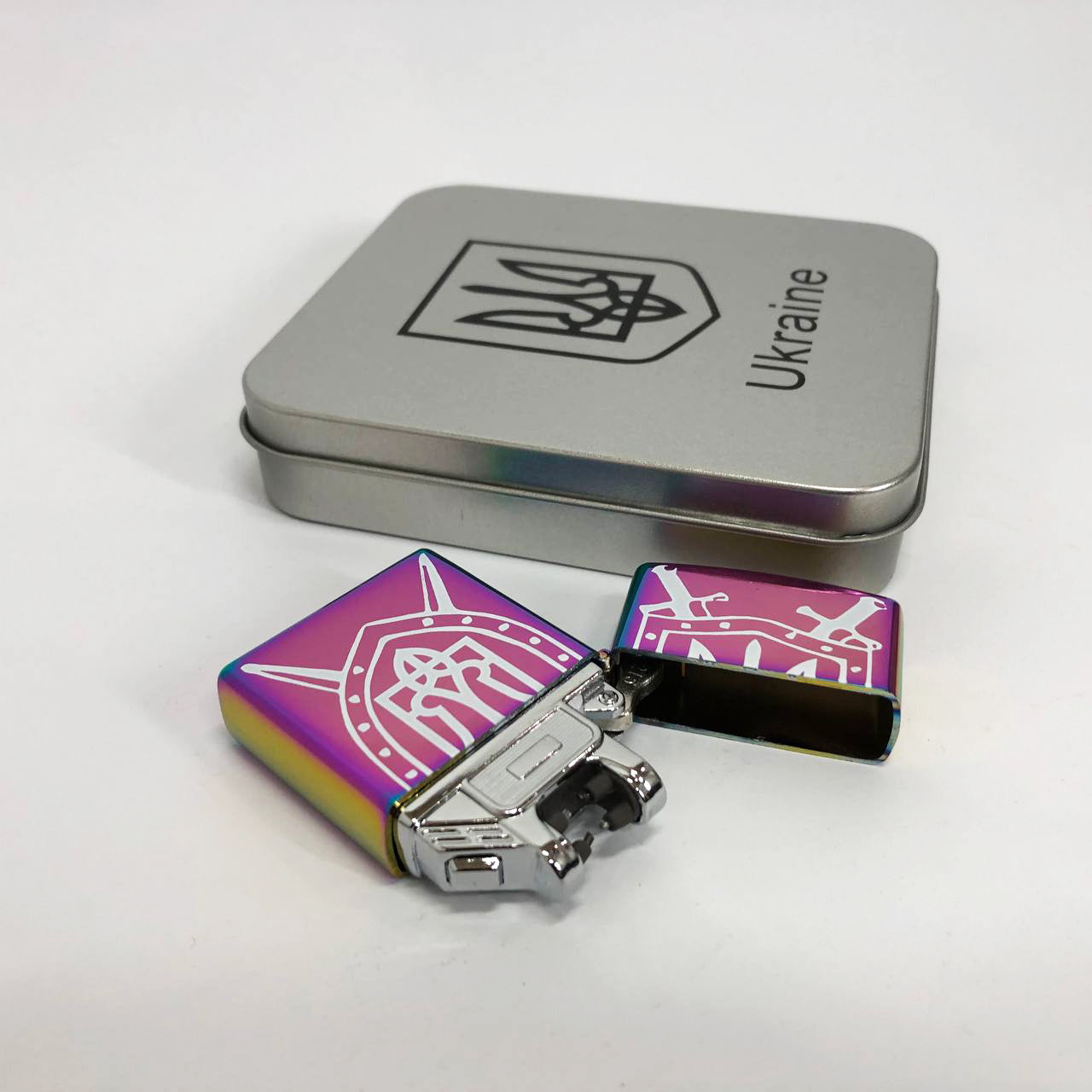 Дуговая электроимпульсная USB зажигалка Украина металлическая коробка HL-446. Цвет: хамелеон