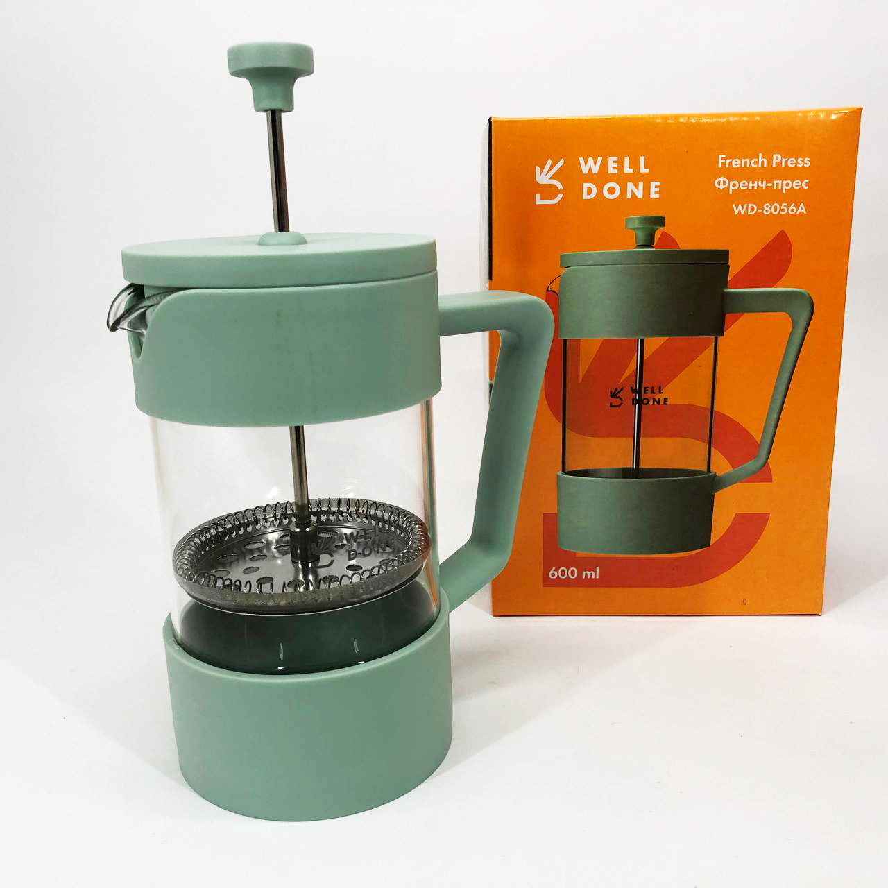 Френч-пресс Well Done WD-8056A 600 мл мятный, Стильный стеклянный заварочный чайник, Френч для чая