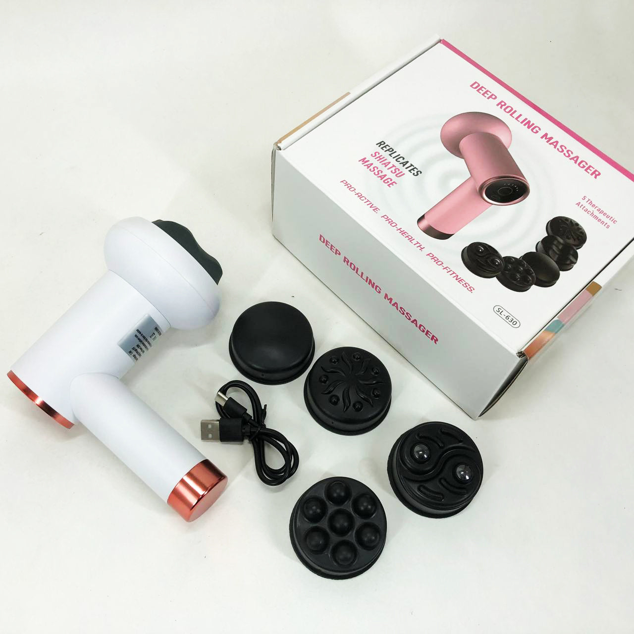 Массажер антицеллюлитный для тела рук и ног 4 насадки 6 скоростей Deep Rolling Massager. Цвет: белый