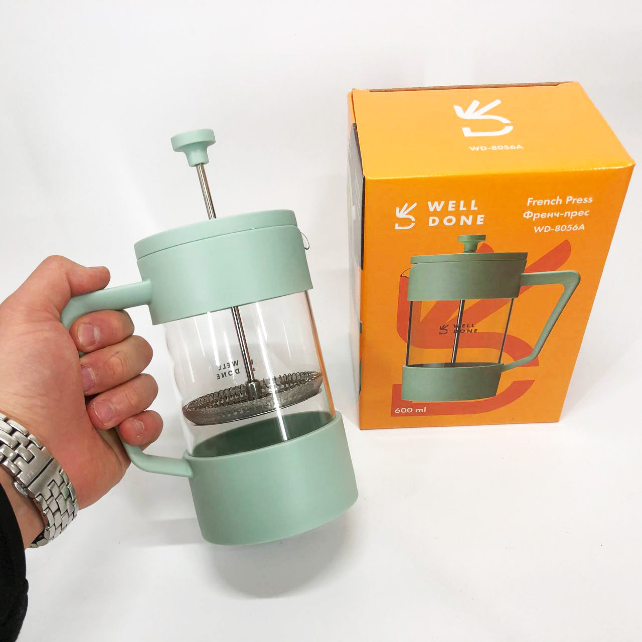Френч-пресс Well Done WD-8056A 600 мл мятный, Стильный стеклянный заварочный чайник, Френч для чая