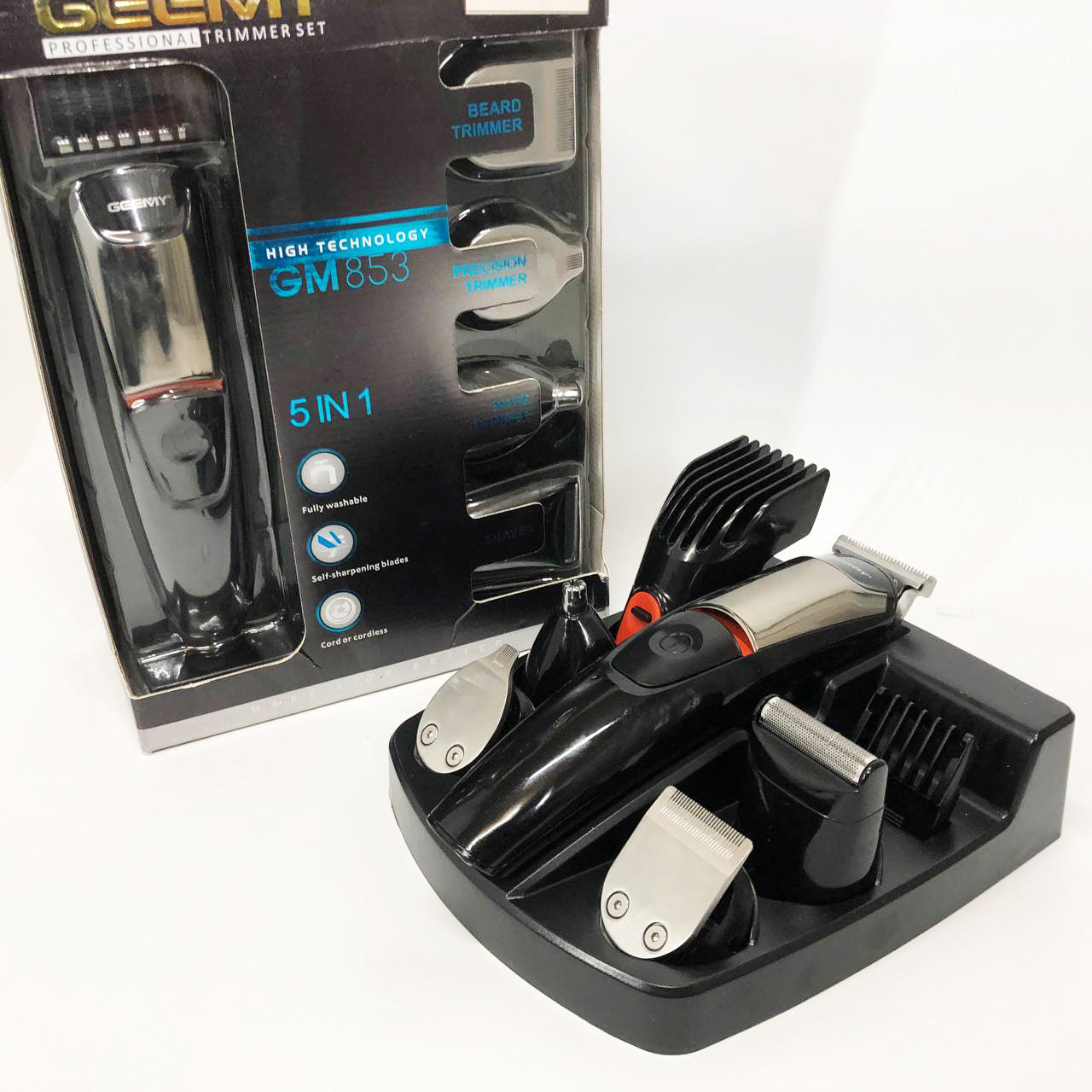 Машинка для стрижки 5в1 Geemy GM-853 стайлер, бритва, триммер на аккумуляторе нержавеющая сталь 6 насадок