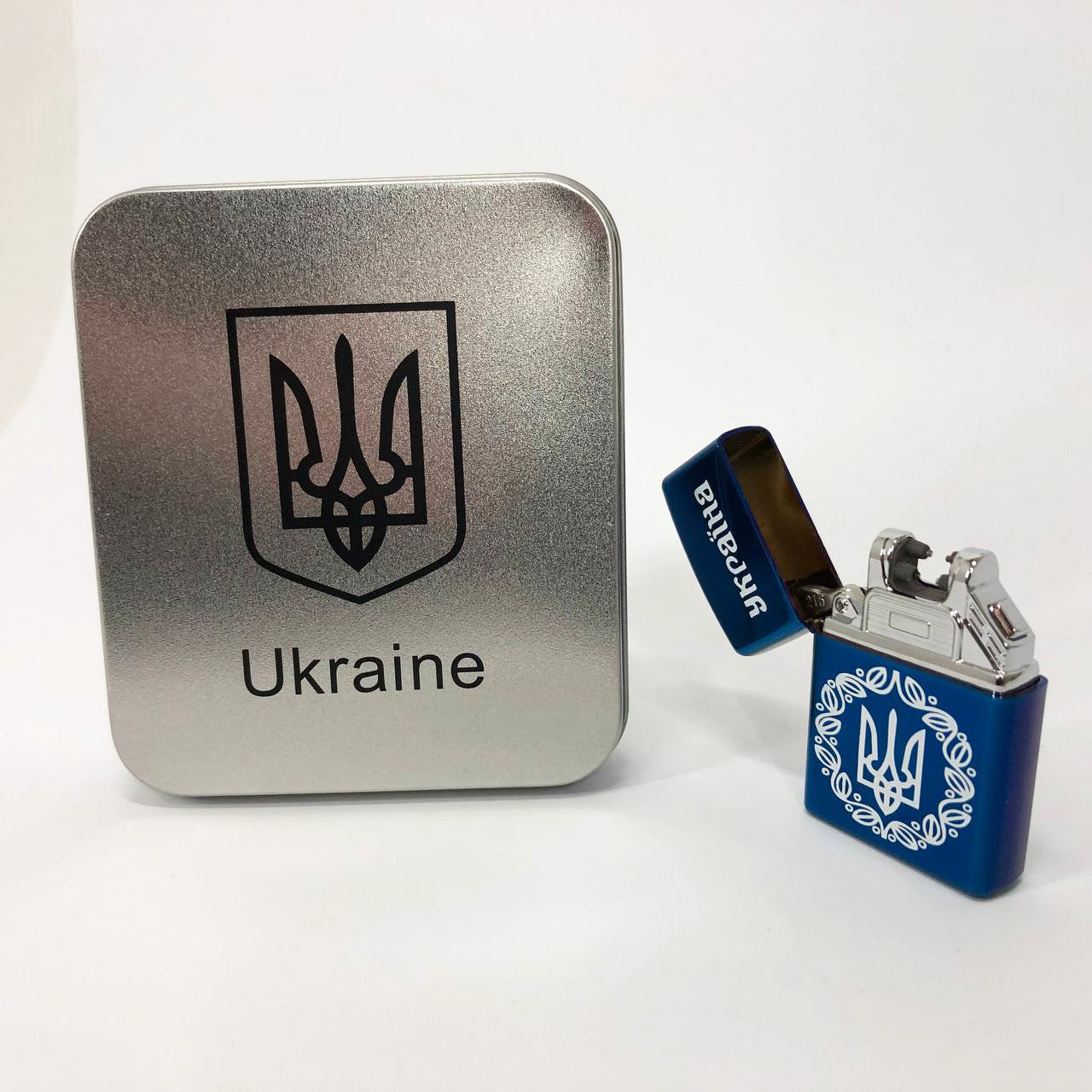 Дуговая электроимпульсная USB зажигалка Украина металлическая коробка HL-447. Цвет: синий