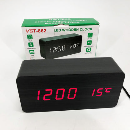 Часы VST-862 черное дерево красная подсветка, Цифровые настольные часы квадратные