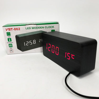 Часы VST-862 черное дерево красная подсветка, Цифровые настольные часы квадратные