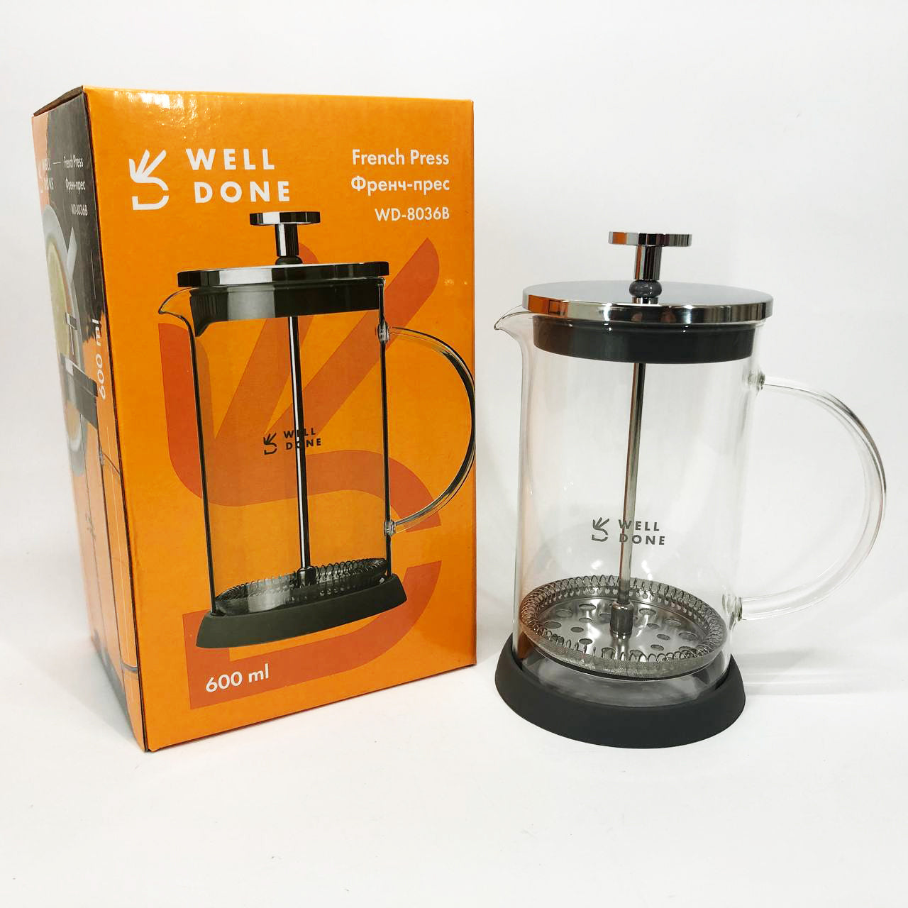 Френч-пресс Well Done WD-8036B из термостойкого стекла 600 мл, Чайник для заваривания трав прозрачный