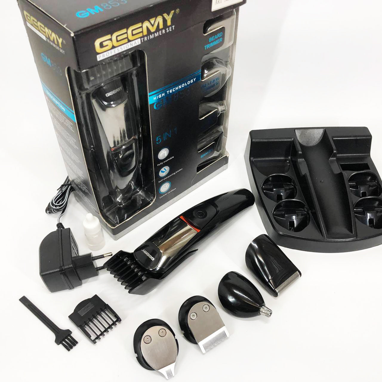 Машинка для стрижки 5в1 Geemy GM-853 стайлер, бритва, триммер на аккумуляторе нержавеющая сталь 6 насадок